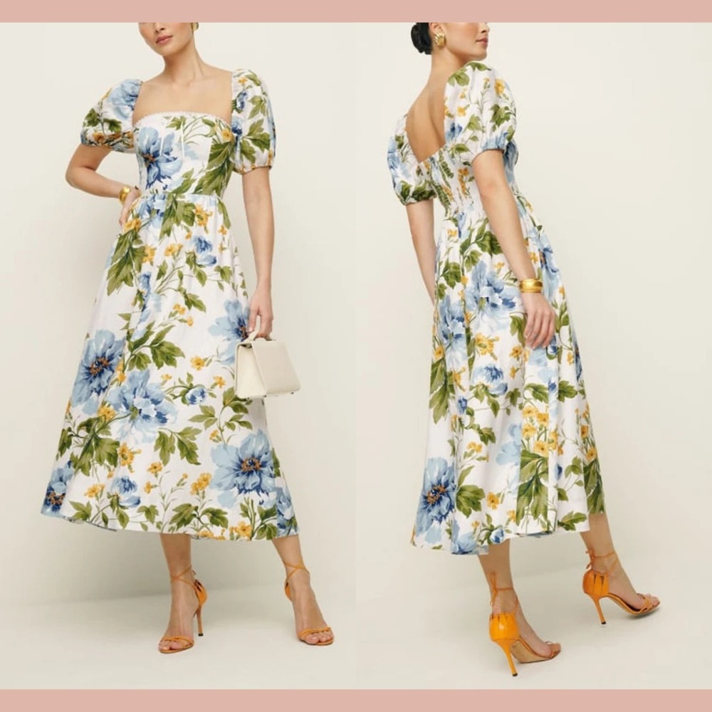 NWD $278 Reformation [ 0 ] Marella Floral Midi Linen A-Line Dress Botanist Q1114